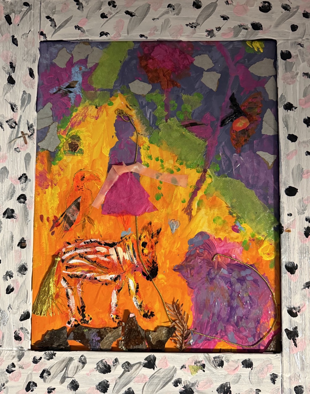  Acrylic paint, found objects collage.
11